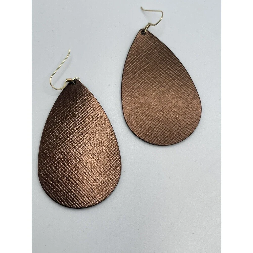 Nickel & Suede Textured Metallic Cocoa Brown Leather Teardrop Earrings New